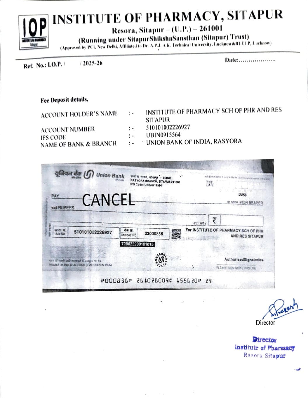 Fee Submission Account Details
